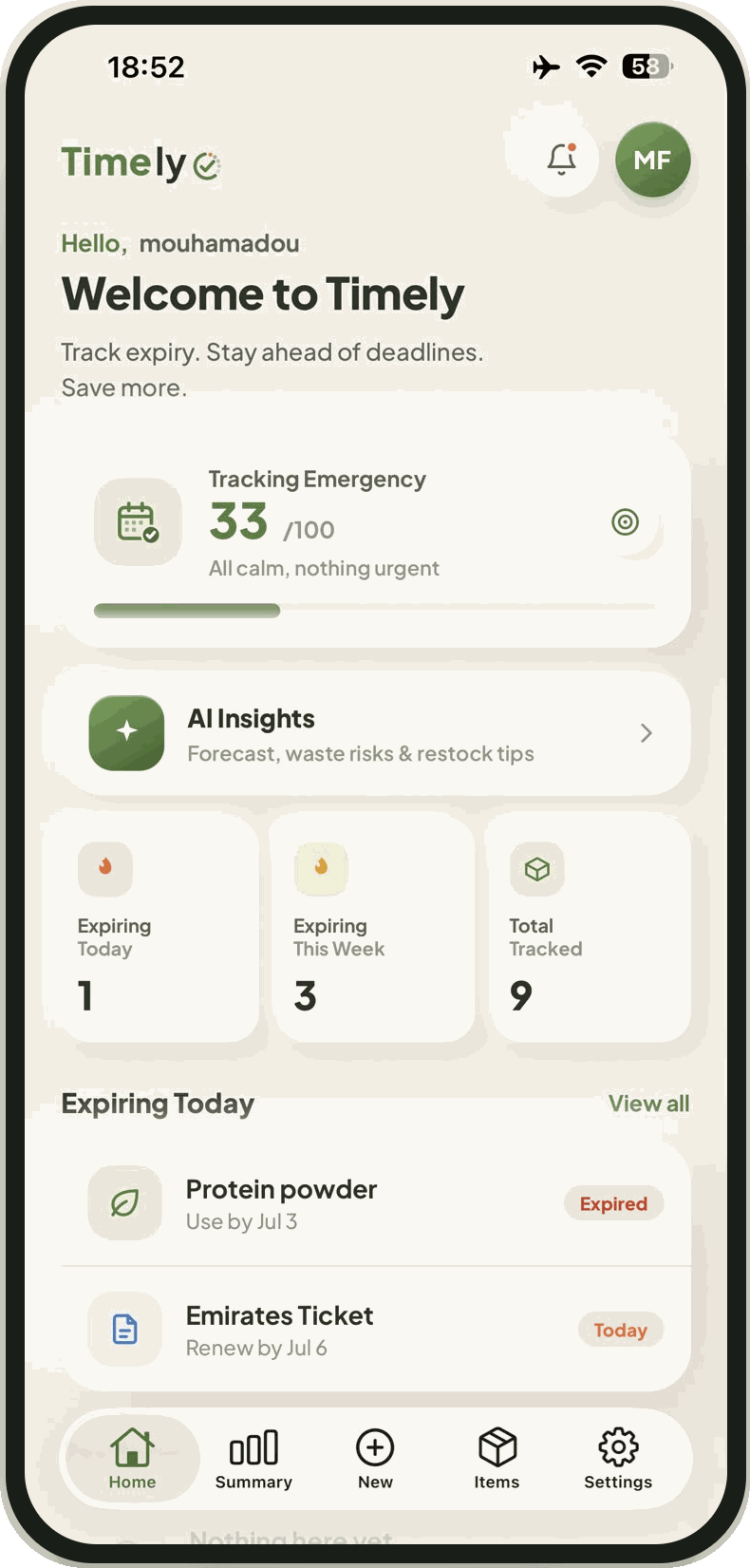 Timely app — home screen showing items expiring soon